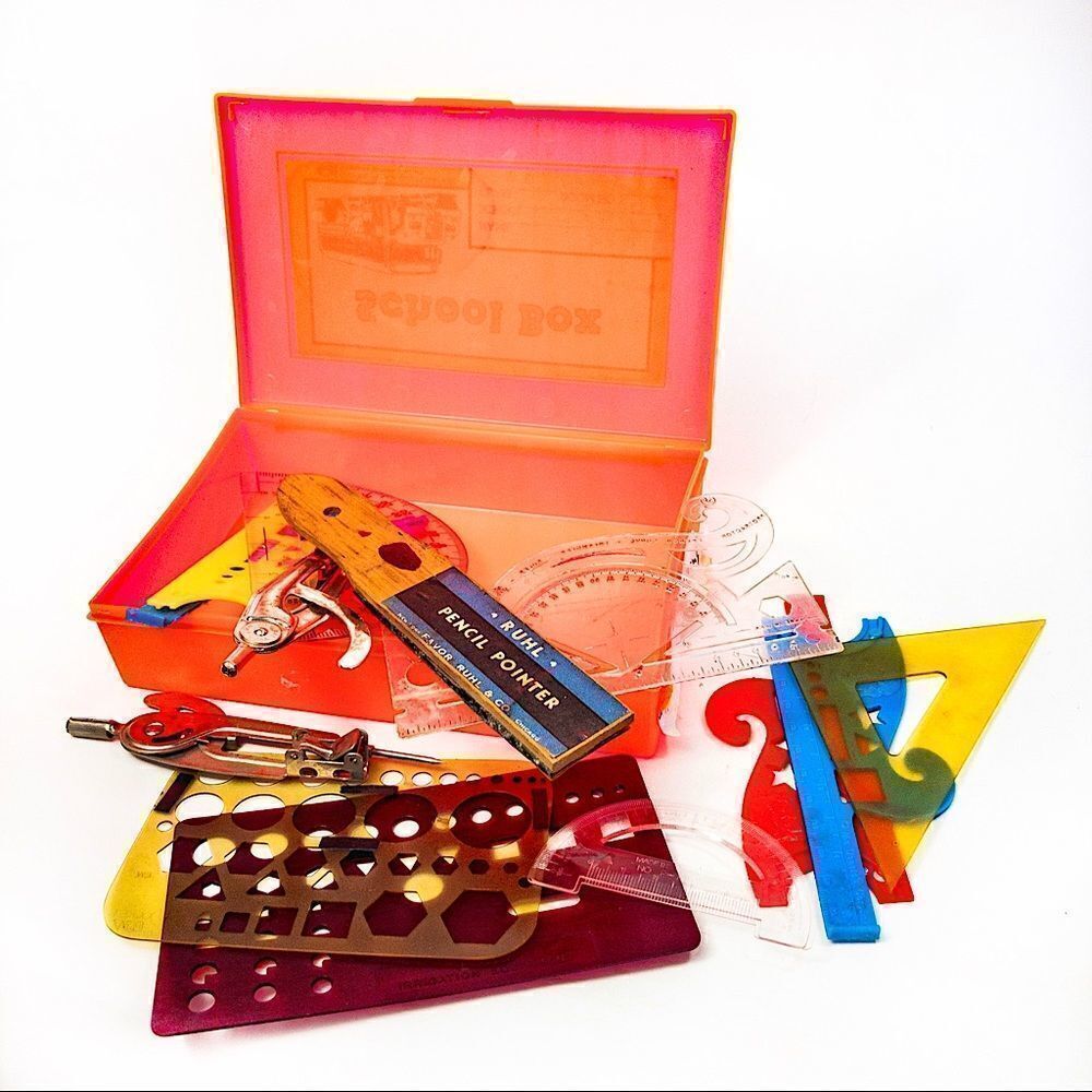Vintage School Pencil Box Filled w/Graphing Tools & McDonald’s Stencils